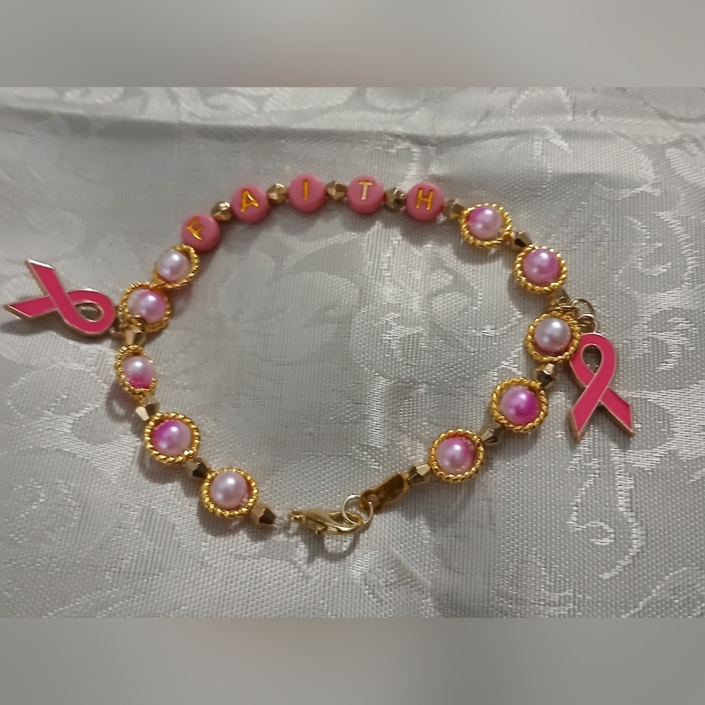 NWT Handcrafted Pink and Gold Tone Breast Cancer Faith Bracelet.